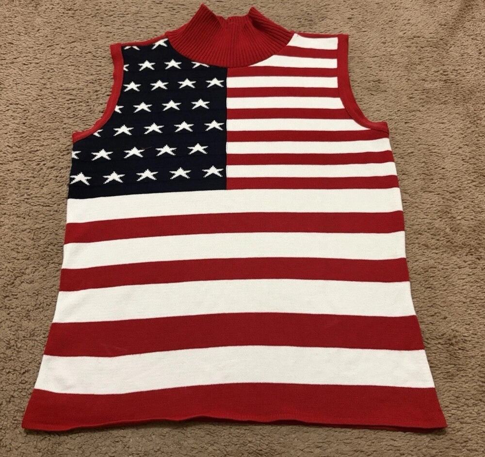 Vintage Faded Glory American Flag Sleeveless Turtleneck Knit Sweater Shirt XL
